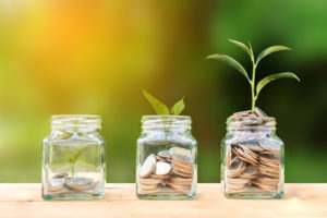 Conceptual coins in glass bottle and growing tree on nature background,Business investment growth concept